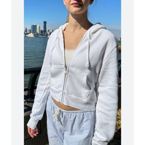 Brandy Melville John Galt Crystal White Cropped Full Zip Hoodie Size Small - Picture 1 of 7